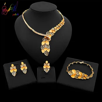 

Yulaili Trendy Gold Color Leaf Shape Necklace Stud Earrings Bracelet Ring for Women Nigerian Wedding Jewelry Sets Wholesale