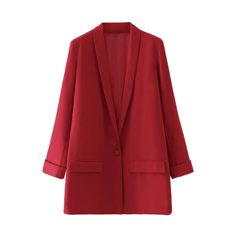 

Casual women's suit jacket long Fall 2020 solid color one button red ladies blazer All-match elegant coat high quality