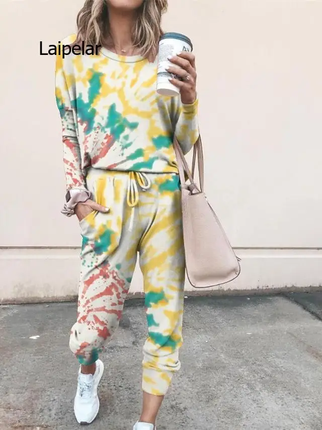 

Women's Basic Tie Dye Two Piece Set Hoodie Tracksuit Pant Loungewear Jogger Pants Drawstring Patchwork Tops