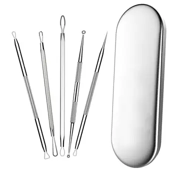 

NEW 5Pcs Straight Bend Curved Stainless Blackhead Acne Pimple Remover Needle Comedone Extractor Tweezers Kit Face Cleaner