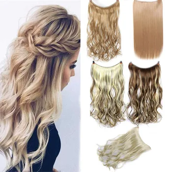 

24" Invisible Wire No Clips fish line In Hair Extensions Secret Fish Line Hairpieces Silky Natural Syntheti Straight Clip Ins