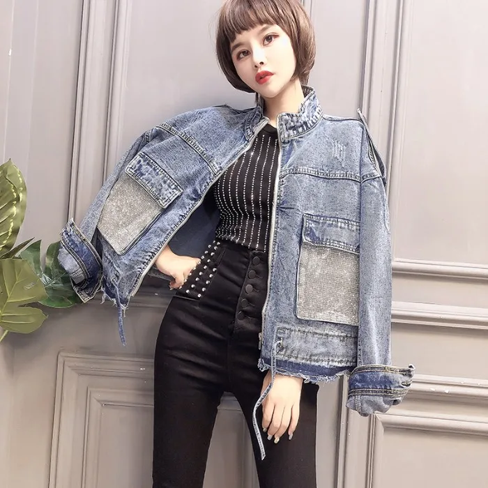 

2019 new denim jacket female long sleeve loose fashion bright diamond design top