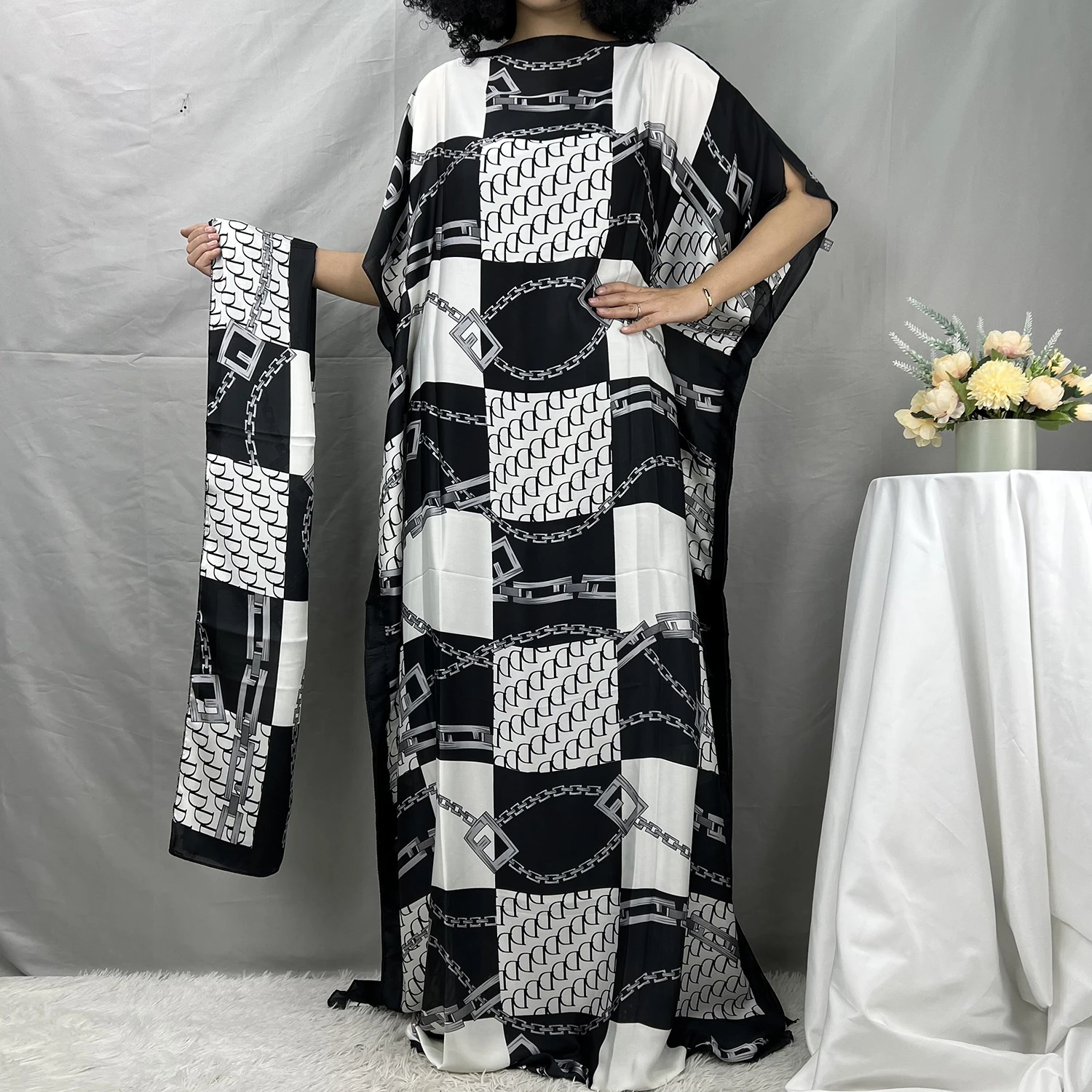 2022 New Style Fashion Oversize African Women Clothing Dubai Dashiki Abaya Free Size Print Design And Scarf Loose Long Dress