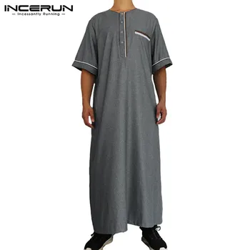 

INCERUN Islamic Arab Men Muslim Kaftan Robes 2020 Short Sleeve O Neck Patchwork Men Jubba Thobe Loose Fashion Saudi Arabia Thobe