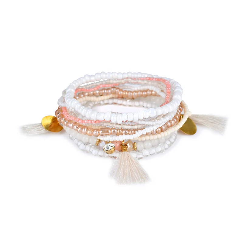 Ethnic Bohemian Tassel Beach Charm Bracelets For Women Boho Multilayer Beads Crystal Beaded Jewellery Bracelet Set Femme 2019