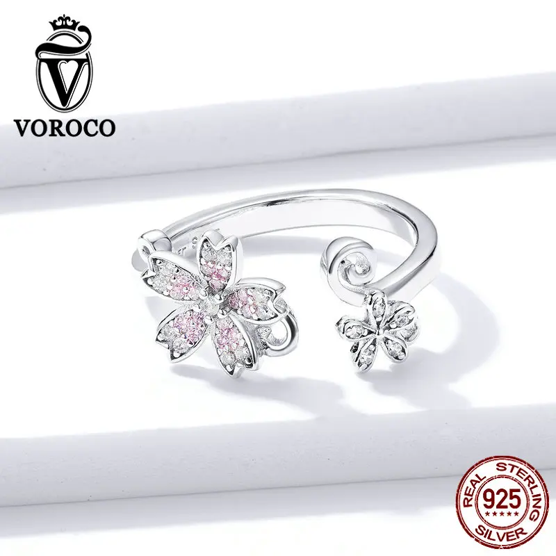 VOROCO BNR086, 925 пробы, серебро, прекрасный розовый цветок сакуры, открытые кольца для женщин, женское свадебное ювелирное серебряное кольцо, модный подарок