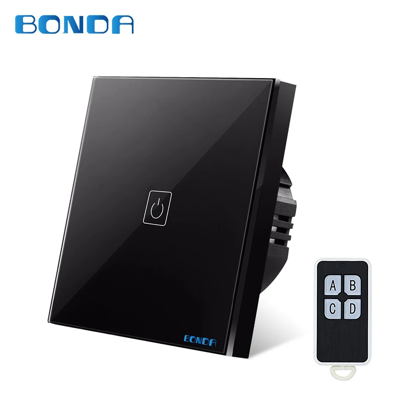 

BONDA crystal glass panel EU standard wall switch remote control light switch 1Gang 1Way black light display touch switch AC220V