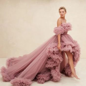 Women Prom Dresses Tulle High Low Vestido de Novia Robes Off the Shoulder Evening Dress Ruffled Fluffy Party Gowns Customized 1
