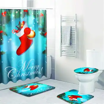 

New Merry Christmas Stockings Pattern Shower Curtain Bath Pad Pedestal Rug Lid Toilet Mat Cover Non-Slip Quickly Dry Waterproof
