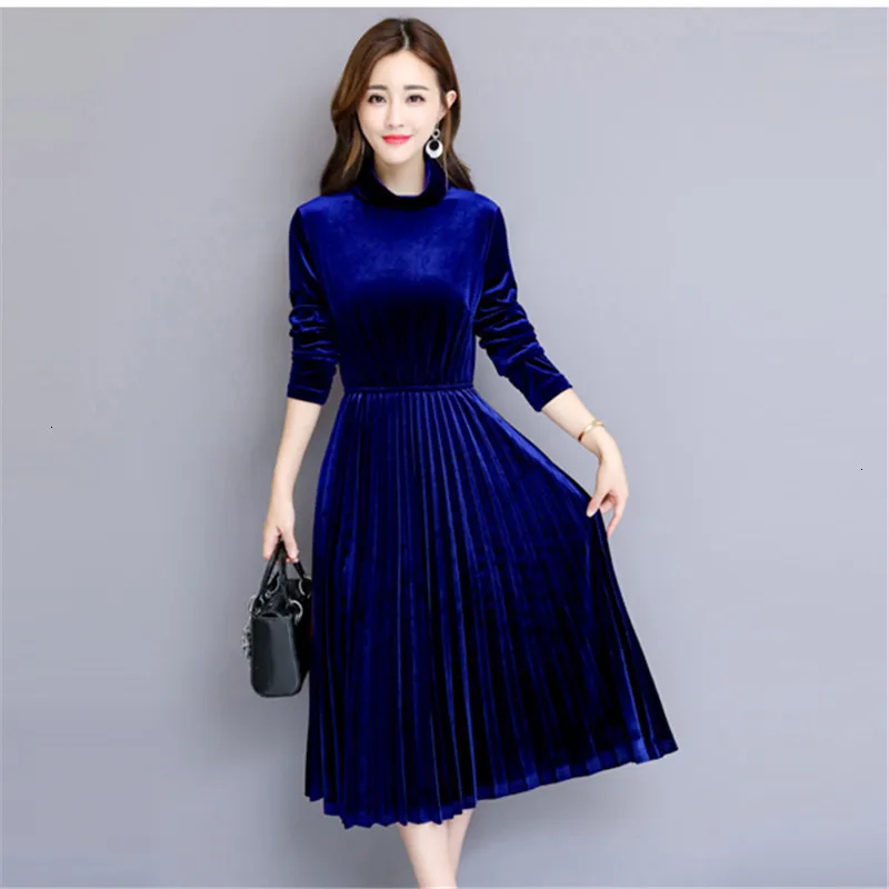 

Pleated Turtleneck Slim Plus Size Solid High Waist Elegant Winter Retro A-line Velvet Dress Autumn Women Feminino Woman New 2019