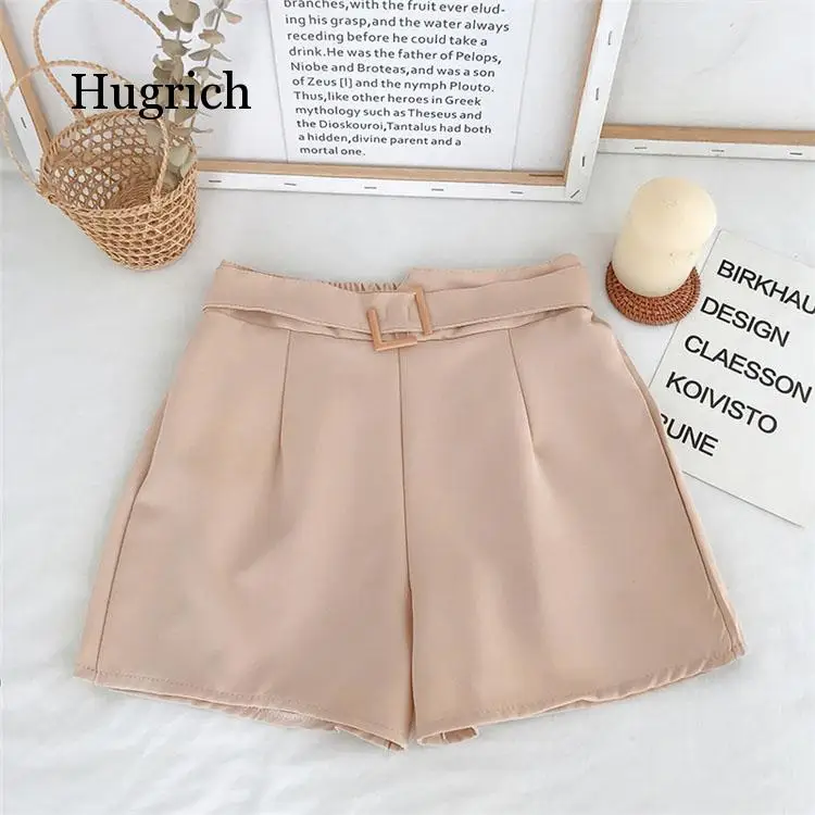 Office Elastic Waist Shorts Women Mini High Waist Shorts with Belt Wide Leg Summer 2020 Harajuku Korean Short Feminino