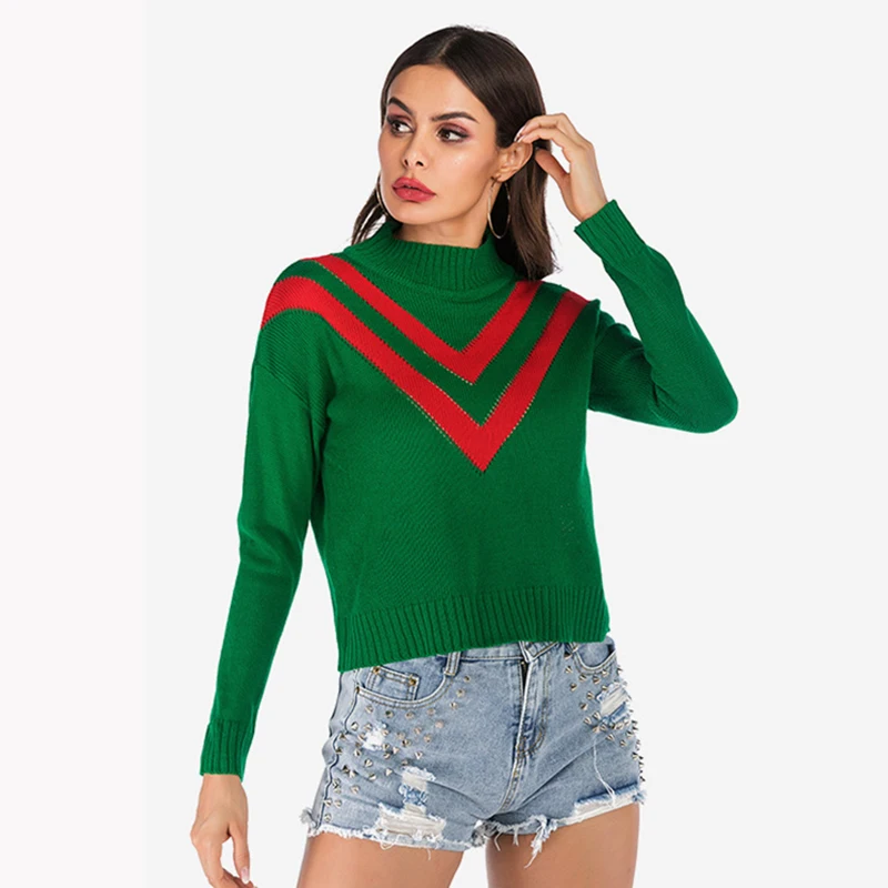 Women Green Striped Knitted Sweater 2019 Autumn Winter Long Sleeve O-Neck Pullovers Warm Casual Chic Sweaters | Женская одежда