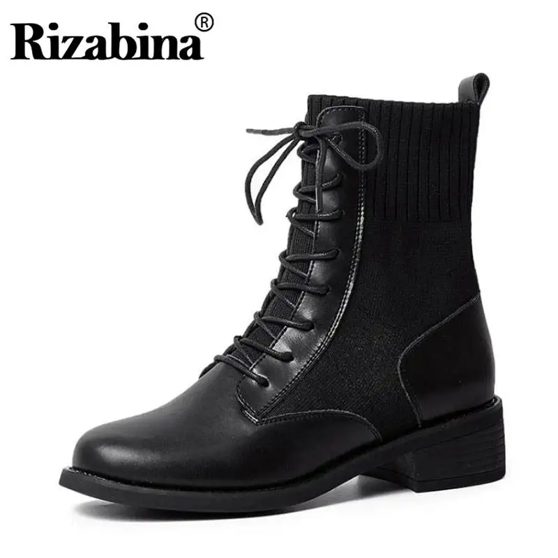 

RIZABINA Women Ankle Boots Real Leather Fly Knitted Short Boots Fall Winter Lace Up Casual Square Heels Short Boots Size 35-39