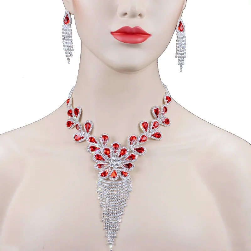 Chran Silver Plated Red Crystal Long Tassels Necklace Earrings Sets for Bride Luxury Sparkling Rhinestone Wedding Jewelry Set