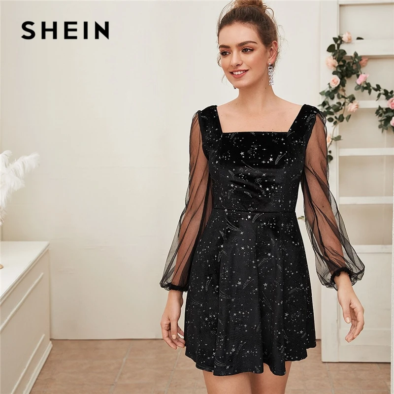 SHEIN, Галактический принт, контрастный прозрачный сетчатый рукав, рождественское бархатное платье, женские весенние вечерние платья трапециевидной формы с квадратным вырезом, Короткие Расклешенные платья