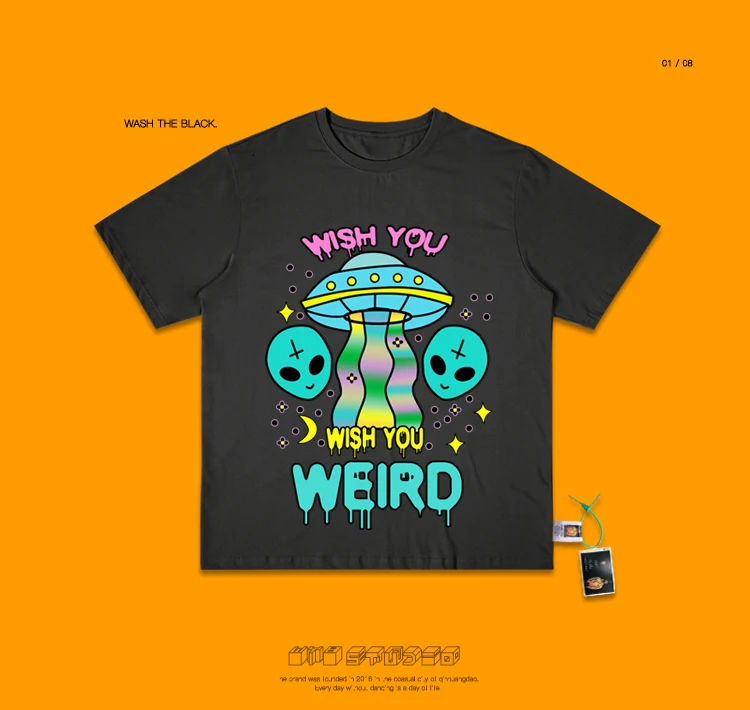 Camiseta, уличная одежда, топ, эстетика, уличная одежда, Harajuku, пара, индивидуальная, Ins, ручная роспись, Паровая волна, инопланетянин, НЛО, круглый вырез