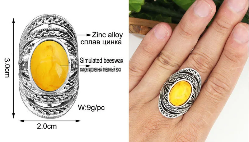 Vintage Oval Simualted Beeswax Rings For women Antique Silver Plated Hollow Design Rhinestone Rings Fashon Jewelry TR669