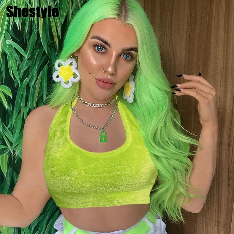Shstyle, бархатные, зеленые, на бретелях, сексуальные, Короткие топы, женские, без спинки, без рукавов, лето, весна, неоновые, мягкие, фланелевые Топики, жилет