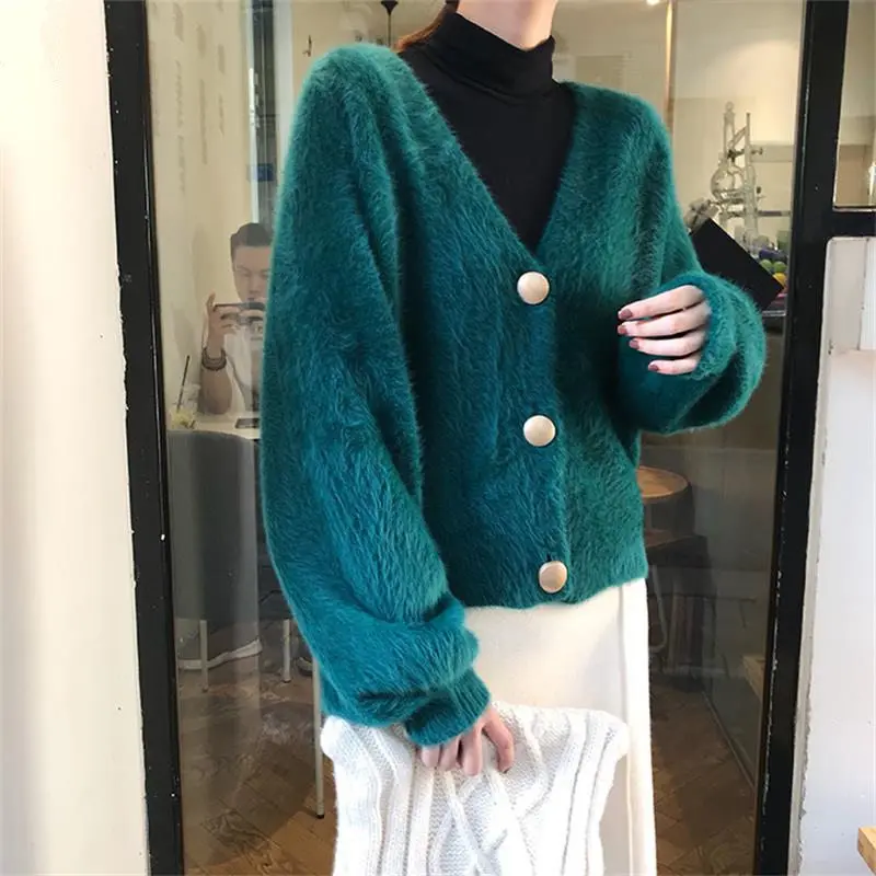 Новая мода Свободный v-образный вырез из искусственной норки кашемировый кардиган свитер женский осень зима вязаный женский кардиган пальто женксие кофты C5870