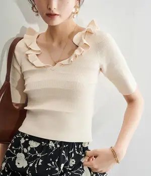 

Womens Knitting Clothes Pullover V-neck Ruffle Collar Slim Knitwear Top