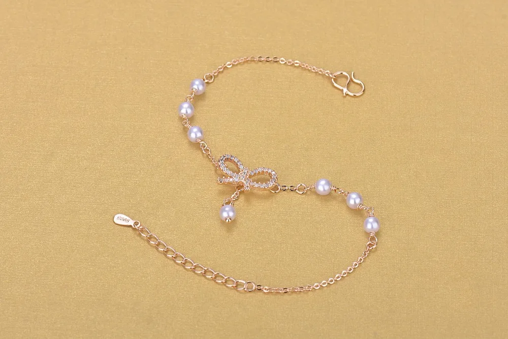 Rose Gold Champagne Chain Pearl Beads Bracelets Rhinestone Bowknot Charm Bracelets Jewelry For Gift