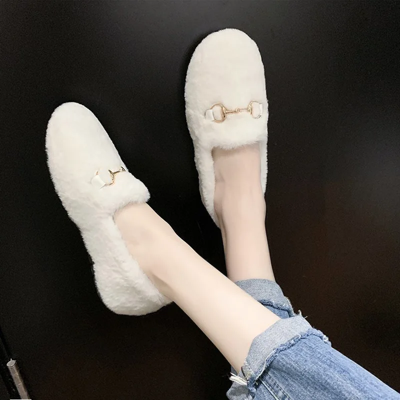 

Winter Fluffy Women Shoes Fashion Chain Warm Fur Flat Shoes Woman Indoor Slippers Causal Home Lady Shoes Zapatillas De Deporte