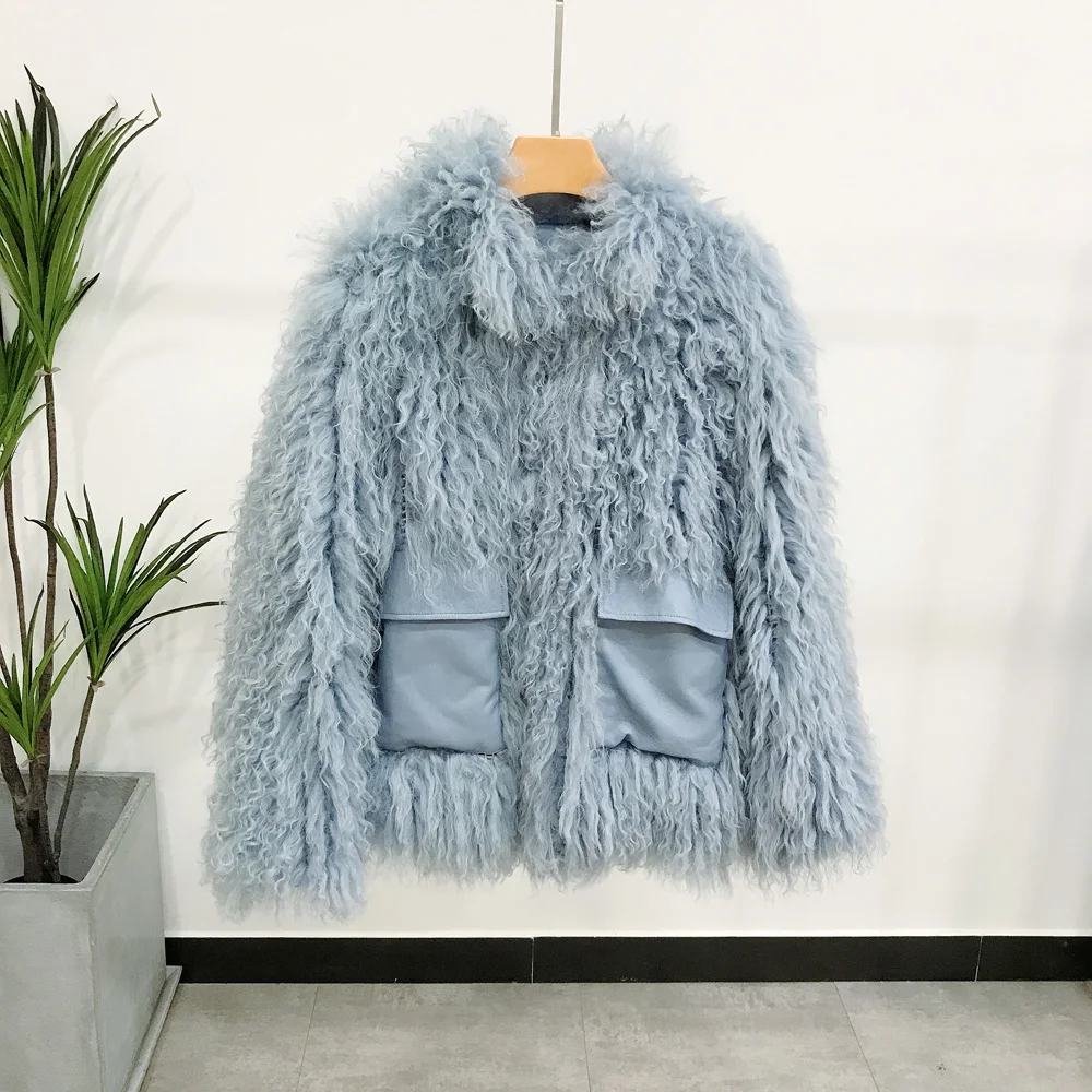 SJ1036 светильник синий натуральный мех пальто ручной вязки женские овцы меховые куртки