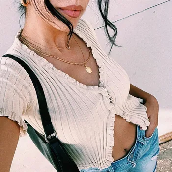 

Women Lady Elastic T Shirt Summer Casual Button up Split Sexy Tee tops Solid Basic Short sleeve Ribbed Knitting Crop top Female