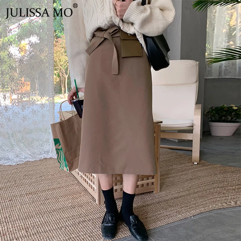 Julissa mo модная зимняя женская юбка с поясом, высокая талия, прямые длинные юбки,, высокая уличная одежда, разрезная нижняя часть, Jupe Femme