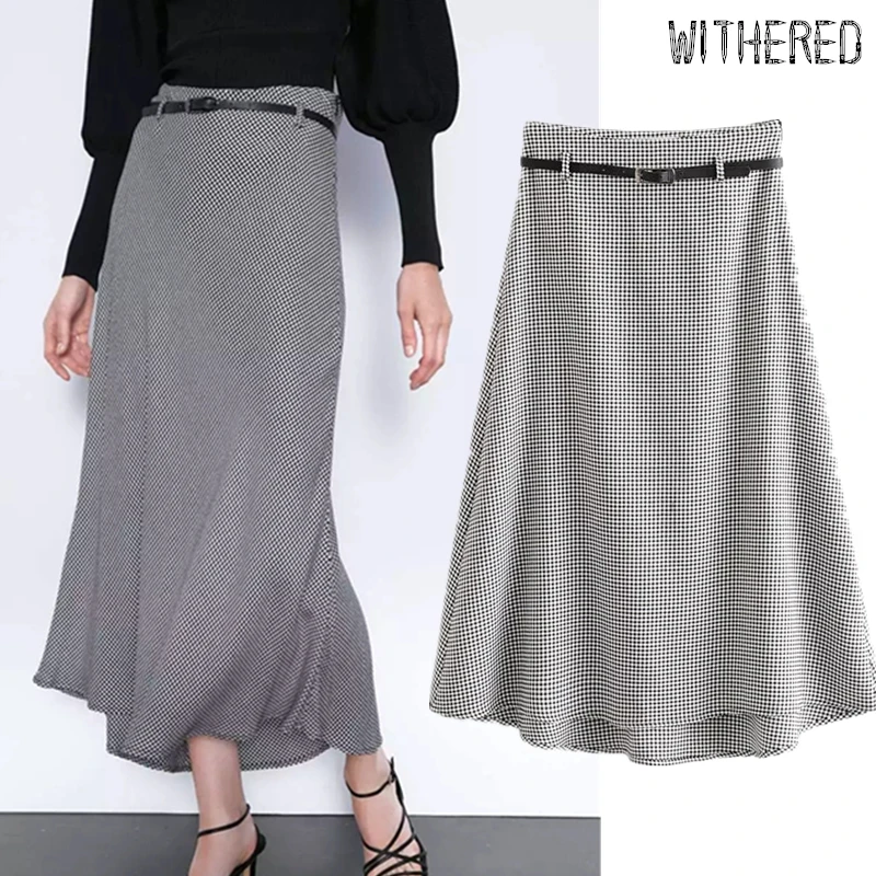 

Withered winter midi skirt women england office lady plaid houndstooth ruffles faldas mujer moda 2019 sashes long skirts womens