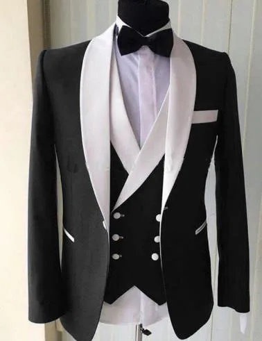 

Latest Design Wedding Men Suits White Shawl Lapel Three Piece Jacket Double Breasted Vest Pants Slim Fit Groom Tuxedos