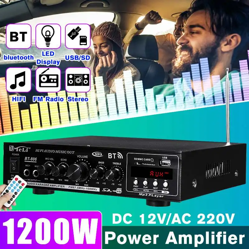 1200 Вт 220 В Hifi аудио усилитель мощности автомобильный домашний кинотеатр усилители аудио с пультом дистанционного управления Поддержка FM USB SD карта bluetooth