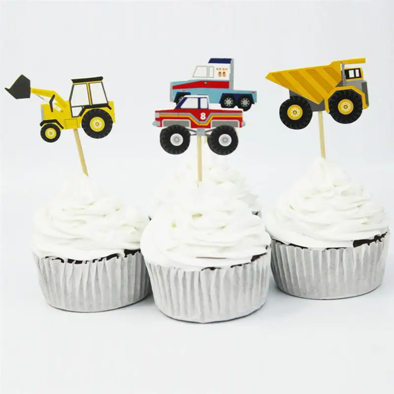 24pcs Tractors Forklift Cake Decorating Topper Insert Card Cake Topper Cupcake Toppers Picks Birthday Party Decorations Decor