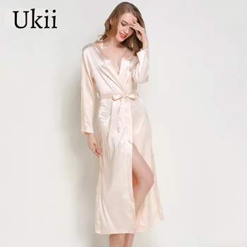 

Ukii Sexy Night Gown Satin Silk Woman Robe Long Sleeve Lace Up Maxi Robes For Women 2020 Homewear Night Gown Plus Size Dropship