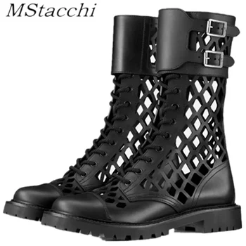 

MStacchi Hot Sales Genuine Leather Hollow Out Short Boots for Women Buckle Round Toe Thiick Heels Pumps Ladies Retro Party Shoe