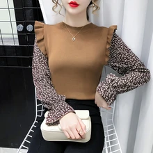 2020 New Women Ruffles Sweater Pullover Top Patchwork Printed Chiffon Full Flare Sleeve Sweaters Pullovers For Female