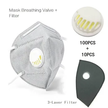 

Dustproof Mask Unisex Outdoor Anti Pm2.5 Pollution Mouth Mask 100pcs x Masks Breathing Valve + 10pcs Filter Masque De Protection