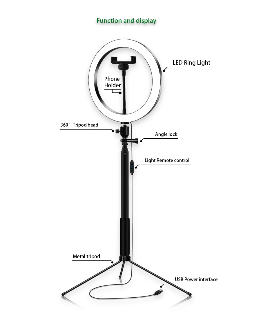 Кольцевой светильник 16/20/26 см фотографии светодиодный селфи светильник ing с регулируемой яркостью для макияжа мобильного телефона в реальном времени Studio с общим объемом 180 см штатив-тренога USB разъем
