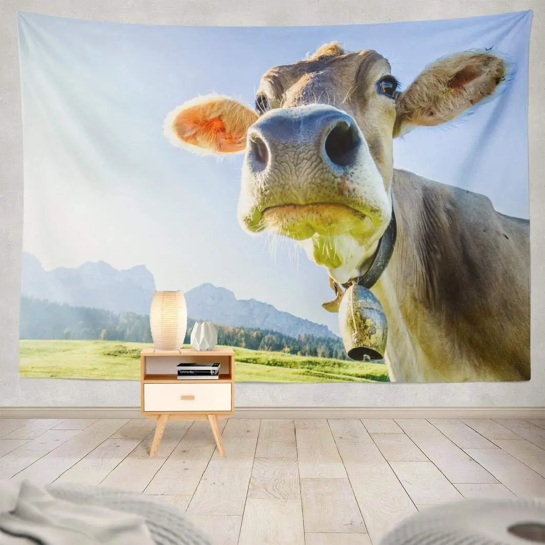 

Funny Cow Mountain Brown Animal Autumn Decorative Tapestry Polyester Bedroom Living Room