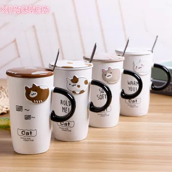 

XINCHEN 2020 Cute CAT Cat Ceramic Cup Creative Embossed Mug Customized Spoon Couple Cup Cartoon Coffee Cup
