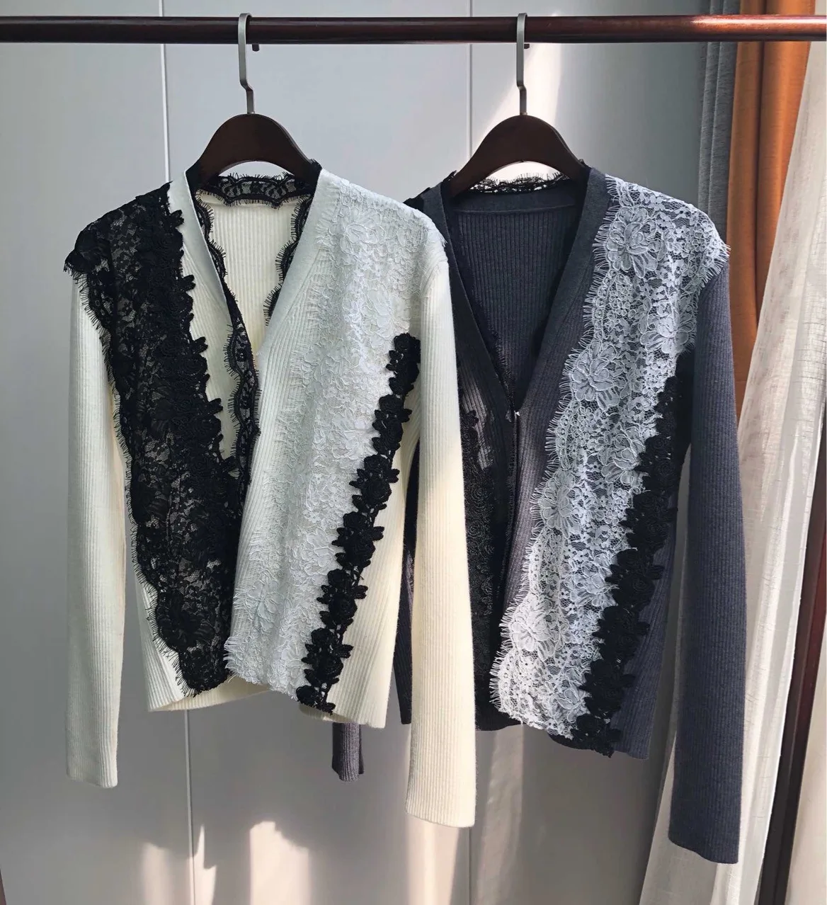 ^Cheap Women Sweater Lace Cardigan with Crystal Buckle V-neck Was Thin Outside Wear Long Sleeve Cardigan