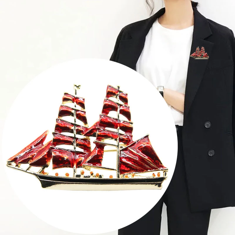 Red/Gold Color Sailboat Brooches Women Vintage Alloy Enamel Boat Brooch Pins Jewelry Gifts Collar Lapel Badge