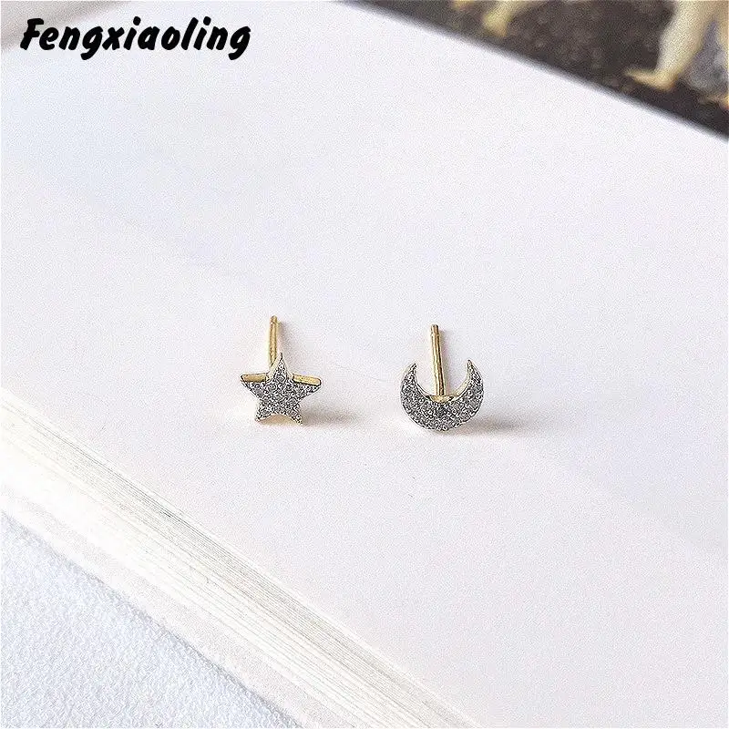 

Fengxiaoling 100% Authentic Real 925 Sterling Silver Multiple Shining Zircon Star Moon Stud Earrings For Women Student Jewelry