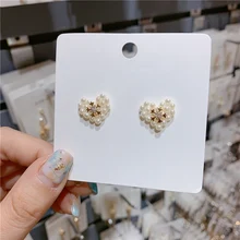 MENGJIQIAO Korean New Cute Elegant Pearl Heart Stud Earrings For Women Fashion Delicate Zircon Snowflake Pendientes Jewelry