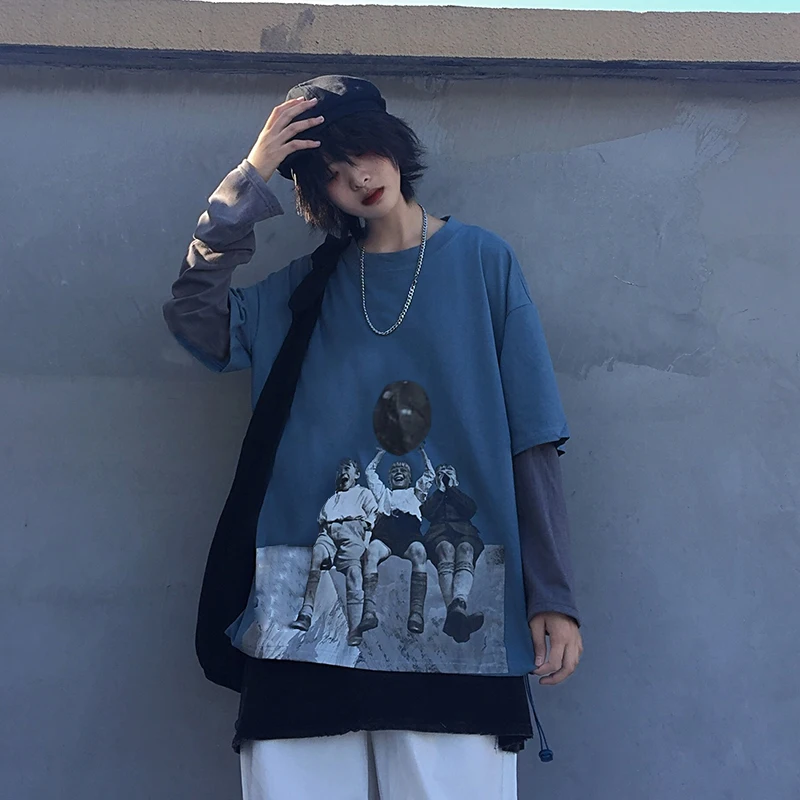 Корейский стиль, новинка, уличная одежда, пэчворк, принт, Harajuku, круглый вырез, ins, длинный рукав, футболки, женская одежда, футболки, женские топы, синие
