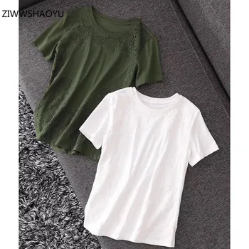 

ZIWWSHAOYU 2020 New Women's Summer High Quality Lace Embroidery Fashion White Short Sleeve Tops Tees Female