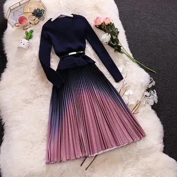 

HISUMA spring autumn new women V-neck long sleeve knitted with chiffon pleated fairy dress female elegant sweater dresses