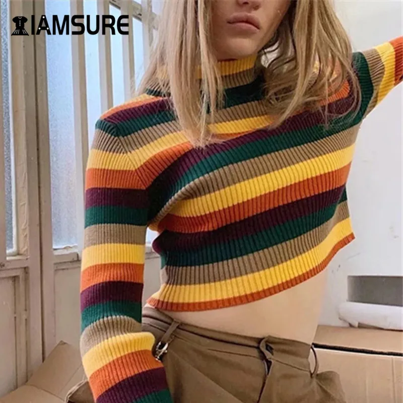 

IAMSURE Colorful Stripes Long Sleeve Cropped Sweater 2020 Autumn Streetwear Fashion Women Turtleneck Y2K Sweater Slim Outfits