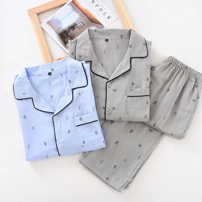 New Men's Pajama Sets House Clothes Suits Summer Sailboat Anchor Suit Cotton Double-layer Pajamas Gauze Long-sleeved Trousers New Men's Pajama Sets House Clothes Suits Summer Sailboat Anchor Suit Cotton Double-layer Pajamas Gauze Long-sleeved Trousers