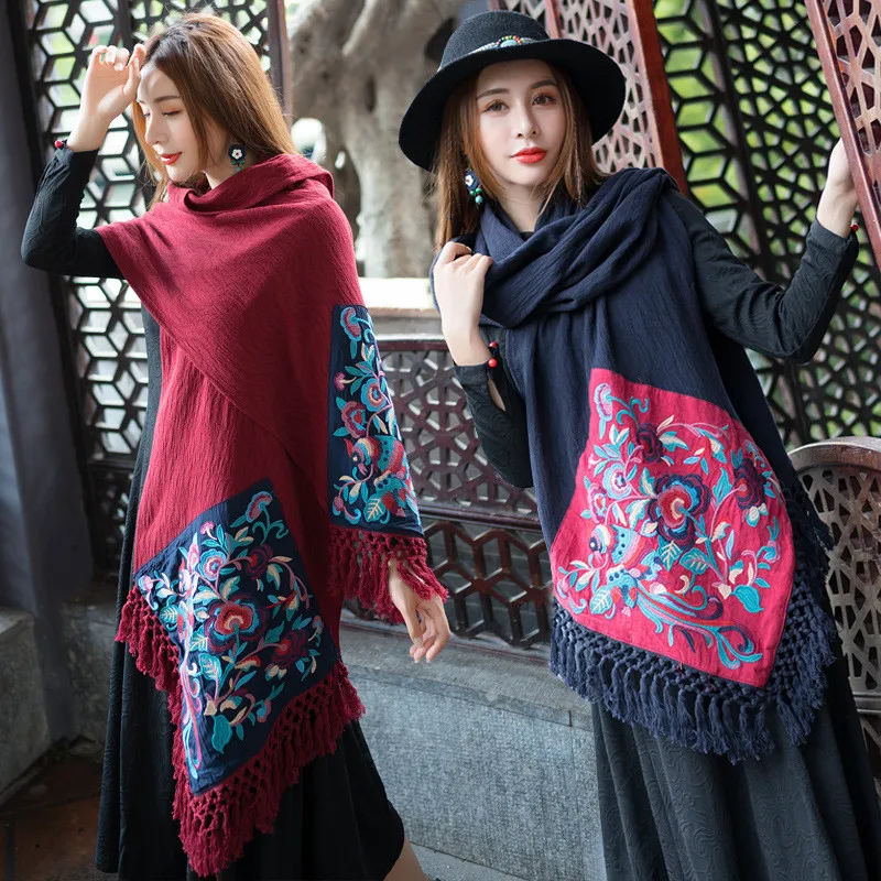 

National wind cotton jacquard scarf female 2019 autumn and winter applique embroidery tassel warm shawl Made in China